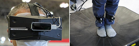 （左）VRヘッドマウントにより、高画質5K解像度のスーパーリアル映像が体験できる。（右）両足にセンサーを装着