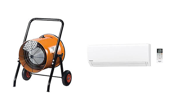 室内の暖房や乾燥作業に役立つ「送風機（循環型温風）」（左）と壁掛式の「エアコン」