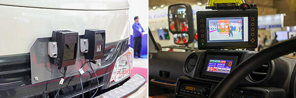 （左）車両前方に取り付けられた赤外線センサー。同様のセンサーが後方にも装着されている。（右）運転席のモニターで、検知した物体を確認できる