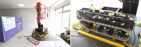 エントランスホールには高所作業車のカットモデルを展示。仕組みがよく分かり、トレーニング用の教材としても役立つ