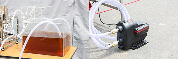 （写真左）アクリルケースに溜まっているのが未処理水。（写真右）この未処理水を取水ポンプで装置内部に送り込む