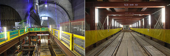 （左）出向先の現場で、地上からトンネルに入った付近 （右）現場のトンネルは上下2段構造になっており、下段にはレールが敷かれ、資材等を運ぶスペースになっていた。トンネル完成時にはここにインフラが通り、さらに避難路にもなる