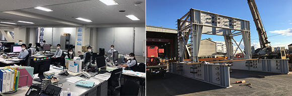 （左）設計を行っているクレーン事業部東日本技術課 （右）クレーン事業部東日本技術課にて設計し、工場で製作した基礎部材