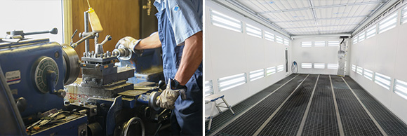 （左）加工部門もあり、専任の社員を配置している （右）環境に配慮した塗装ブースも完備