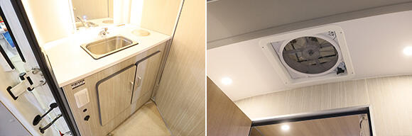 （左）しっかりとした洗面台を備える （右）換気扇も設置