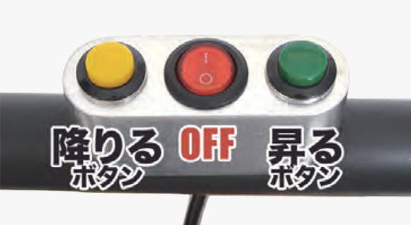取っ手には、左から「降りるボタン」「ON/OFFボタン」「昇るボタン」が設置されており、視覚的にも分かりやすい