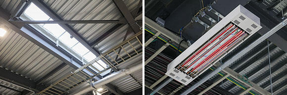 （左）天窓を設けることで、外光を積極的に取り入れている （右）作業スペースの天井にはヒーターが吊られ、作業員の快適な環境を確保