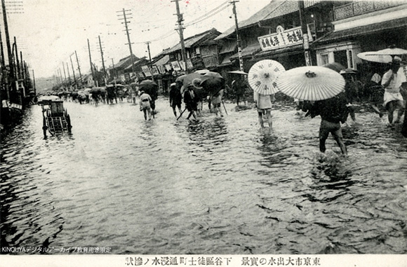 1910（明治43）年の関東大水害による東京下谷区の浸水状況（出典：Unknown author, CC BY-SA 4.0, via Wikimedia Commons）