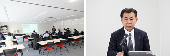 座学からスタートしたプレスセミナーの参加者は、テレビ局や新聞社の関係者。プレゼンターは守 栄一上席執行役員レンサルティング本部副本部長が務めた