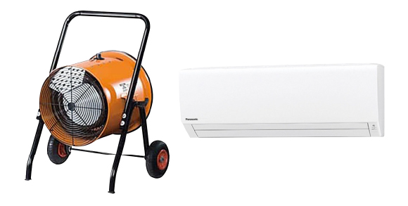 左が送風機（循環型温風）、右がエアコン